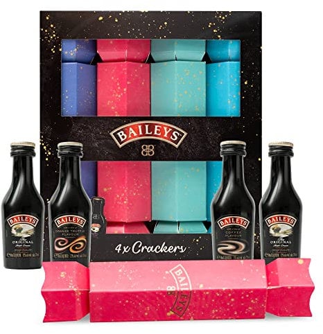 Baileys Alcohol Christmas Crackers Luxury - 4x 5cl Baileys Miniature Bottles - Original Irish Cream Liqueur, Espresso Crème, Salted Caramel, Party Xmas Crackers, Mini Festive Gift Set, Stocking Gifts