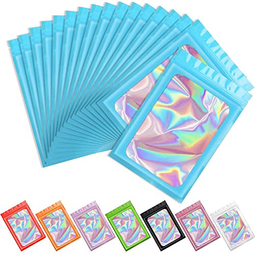 Artcut 100Pcs Pochon Mylar, Sachet Zip, Pochon Plastique Pour Bonbons, Biscuits, Jwely, Sachet Refermable, Fenêtre Transparente Pochette Holographique Pour Les Aliments Frais (4x6inch, Blue)