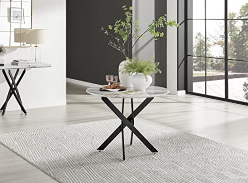 Furniturebox UK Novara 100cm Round Dining Table, White Marble Effect & Black Starburst Legs