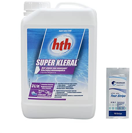 HTH Super KLERAL Liquide - 3L | Anti-Algues Multifonction - Triple Action : Anti Algues, Anti Tartre, Séquestrant Métaux - Non moussant + 10 Tests HPS OFFERTS 6 en 1