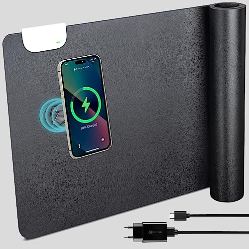 GORESE Schreibunterlage Leder Kabellose Ladetischmatte Mauspad 10W Desk Mat 800x320x4mm mit 10W Schnellladung-Tischmatte Kabelloses Laden Schreibtischunterlage für I-Phone 13/14 pro Handy