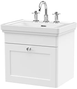 nuie CLC191B Classique Traditional Bathroom Wall Hung 1 Drawer Vanity Basin Unit with 3 Tap Hole Fireclay Basin, 500mm, Satin White