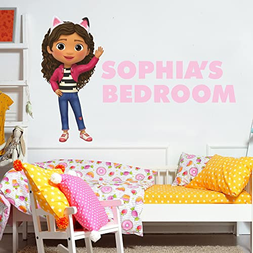 Themed Gabby's Dollhouse Wall Sticker - Gabby Waving Personalised Name Wall Art Kids Decal (90cm height x 75cm width)