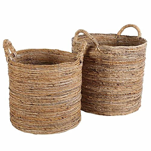 Alya HAR0029 Lot de 2 grands paniers ronds en feuilles de bananier tressés | Panier à linge polyvalent Boho Chic Panier à linge Panier à fruits et légumes Panier naturel avec anse