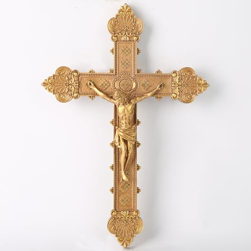 BC Katholisches Kruzifix-Wandkreuz, Jesus Christus, religiöse Heimdekoration, katholisches Hochzeitsgeschenk, goldfarbenes Finish, 30,5 cm hoch, handbemalt von Buildclassic
