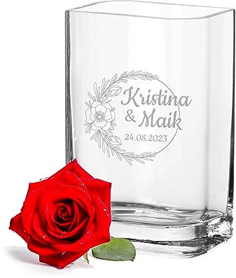 LALALO Leonardo Vase mit Gravur als Hochzeit Geschenk, Personalisiert als Hochzeitsgeschenk, Sandzeremonie, Hochzeitstag, Blumen-Deko für den Tisch (25x15x10 cm, Rosenromantik)