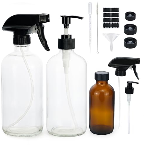 Botellas de vidrio vacías rellenables, pulverizador de gatillo ajustable con ajustes de flujo de niebla, bomba dispensadora de jabón, tapas de sellado, cepillo, embudo, para aceites esenciales,