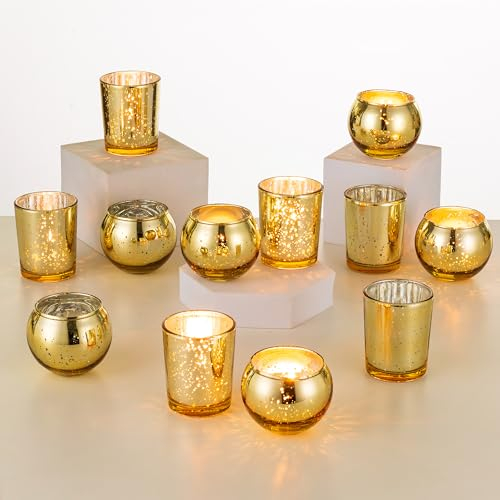 Romadedi Kerzenständer Gold Teelichthalter Tischdeko - 24er Set Glas Kerzenhalter Quecksilber Teelichter Votivkerzen für Hochzeit Tisch Wohnzimmer Weihnachten Deko Adventskranz