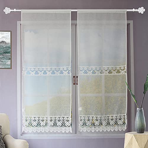 Generico Coppia Tendine Finestra Con Pizzo Ricamato Fiore Tenda Cucina Moderna Lino-Poliestere Shabby Chic Tinta Unita 2 Unità (60X240CM, Farfalla Bianca)