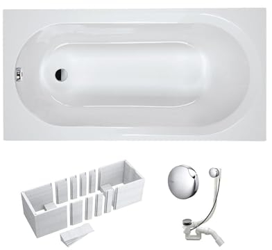 VBChome Badewanne 150 x 70 cm Weiß Acryl SET Wannenträger Siphon Wanne Rechteck Design Modern Styroporträger Ablaufgarnitur in Chrom 150x70 cm