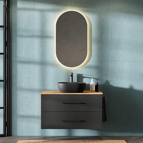Planetmöbel LUX - Juego de muebles de baño con armario bajo (90 cm, lavabo de 42 cm, espejo de 50 cm (sin LED), color dorado y antracita