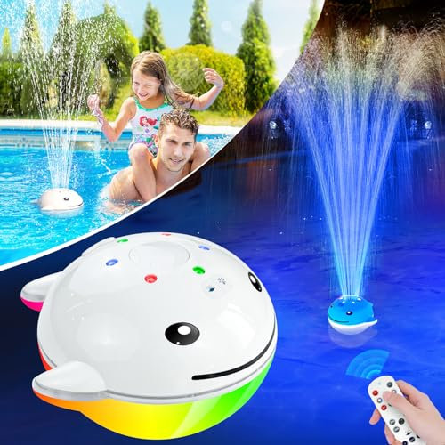 UniWater Fuente flotante para piscina con luces, fuente de agua recargable mejorada con control remoto, fuente de piscina de ballena, bomba de fuente flotante para piscina enterrada sobre el suelo, 1