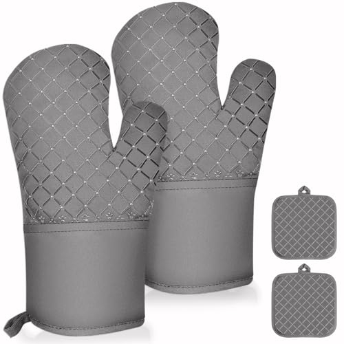 4er Set Ofenhandschuhe, 300°C Topflappen & rutschfestes Silikon Lange Backhandschuhe, Kochhandschuhe Hitzebeständige, Topfhandschuhe Ofen Handschuhe für Küche, Backen,BBQ,Auflaufform und Grillen