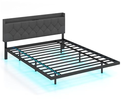 GOPLUS Polsterbett 160x200cm, Doppelbett mit LED-Beleuchtung & Ladefunktion, Schwebebett mit höhenverstellbarem Kopfteil, Bettgestell mit Lattenrost, Jugendbett, Ohne Matratze (160x200 cm)