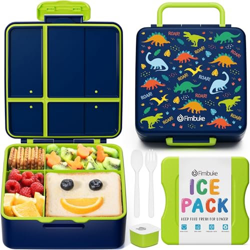 Fimibuke Chill Bento - Lonchera para niños y adultos, a prueba de fugas, con bolsa de hielo, mantiene la comida fría, contenedor de almuerzo de 4 compartimentos sin BPA con utensilios para niñas y