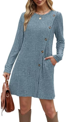 Aokosor Jumper Dress for Women UK Elegant Dress Ladies Long Sleeve Dress Ladies Button Front Slit Tunic Dresses with Pockets Blue Size 14-16