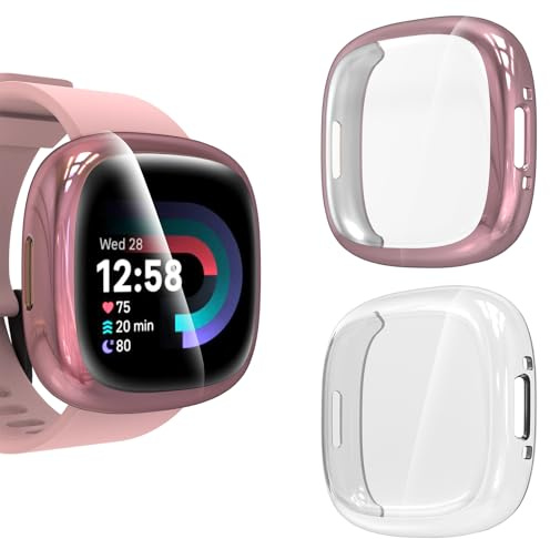 KIKISML 2 PCS Screen Protectors Compatible with Fitbit Sense 2 / Versa 4, Full Protective Ultra Slim Soft TPU Case Cover Compatible with Fitbit Sense 2 / Versa 4(Rose Pink, Clear)