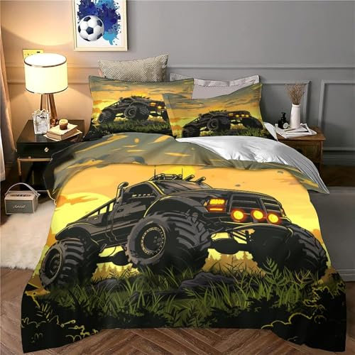 GQmoney 3D-Bettwäsche-Set mit LKW-Motiv, Bettwäsche-Set für Jungen, Kinder und Erwachsene, weicher Bettbezug mit Kissenbezügen, Doppelbett (200 x 200 cm),
