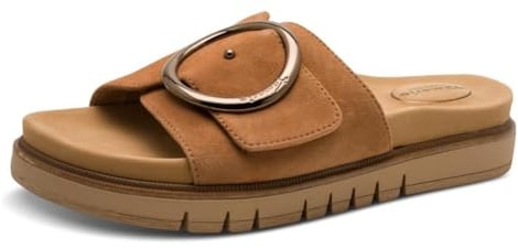 Tamaris Damen Wide Fit Pantoletten flach mit Klettverschluss und Schnalle, braun (Cognac Suede), 38 EU