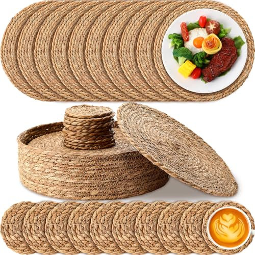 SiliFine Round Woven Placemat Set, 11.8 Natural Water Hyacinth Placemat with 4.3 Boho Rattan Coaster Basket Nonslip Braided Placemat for Table(10 Pcs Placemats,10 Pcs Coaster,1 Pcs Basket)