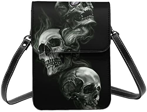 FLYIFE Schwarze und weiße Umhängetasche mit Totenkopf-Motiv, tragbare Leder-Handytasche, Geldbörse, kleine Umhängetasche für Mädchen und Frauen, Schwarz , Einheitsgröße