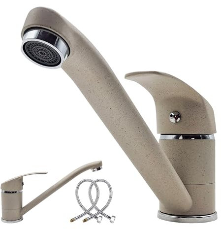 MAKA Rubinetto Lavello Cucina Avena, in Acciaio Inox - Girevole a 360° - Miscelatore Cucina con Accessori per Montaggio, Miscelatore Monocomando Beige Opaco, Rubinetto con Flessibili (Canna Bassa)