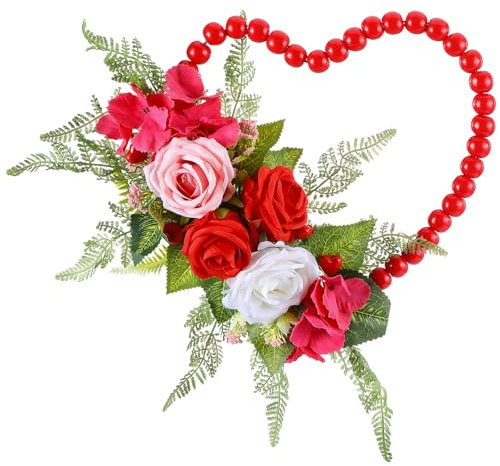 Dingion Valentine Wreaths for Front Door Hanging Red Wood Beads Fake Rose Flower Garland Valentine Heart Shaped Wreath Decor for Front Door for Window Home Indoors Decorations
