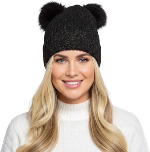 A2Z Ladies Hat Ribbed Gold Lurex Knitted Twin Faux Fur Pom Pom Beanie Stretchy Durable Stylish Winter Warm Cozy Caps Comfortable Women Winter Hats