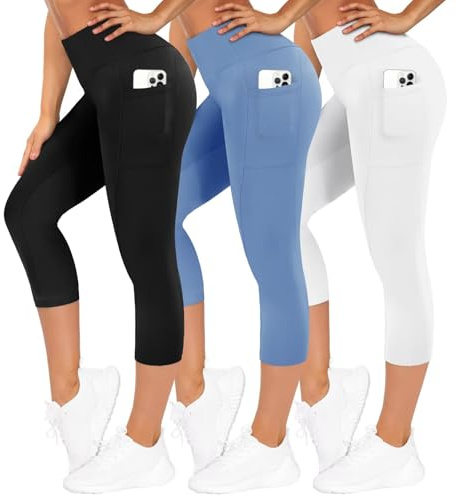 TNNZEET 3er Pack Leggings Damen 3/4 mit Taschen Caprihose Sommer für Sport | High Waist Capri Sporthose Bequeme 7/8 Sommerhose Elastisch Dreiviertel Yogahose für Gym