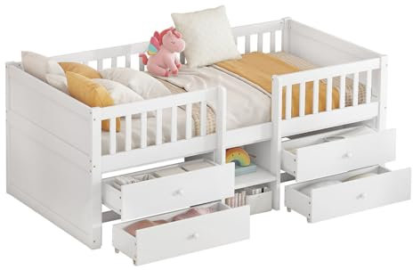 Billg Kinderbett 90 x 200cm, Bettgestell mit Leiter und 4 Schubladen, Lattenrost, Rausfallschutz, Kinder Einzelbett aus Kiefernholz, Jugendbett für Junge und Mädchen, Ohne Matratze