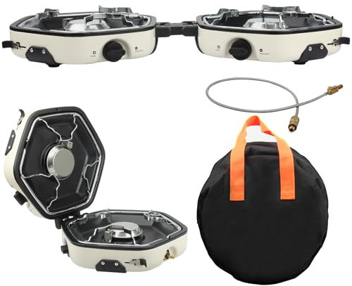 ANQIA Foldable Camping Stove Portable Propane Camp Stove for Camping, Backpacking With 17,000 BTU 2 Adjustable Burners Piezo Ignition for Outdoor BBQ (White)