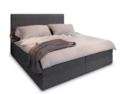Masseno Boxspringbett PISA 140x200 cm Komplett-Set mit Matratze und Topper, Polsterbett mit Zwei Bettkästen -Graphitfarben, TILIA 90
