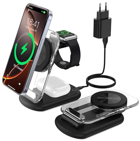 Estación de Carga, Cargador 3 en 1, ángulo Ajustable Plegable con luz atmosférica, Compatible con teléfono iWatch/Airpods, para iWatch iPhone 16/15/14/13, Negro