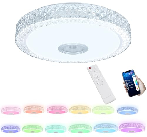 XMTECH 60W RGB LED Deckenleuchte Deckenlampe Dimmbar Sternenhimmel-Effekt, mit Bluetooth Lautsprecher, mit Fernbedienung/APP-Steuerung, Musik Hintergrundbeleuchtung Farbwechsel für Wohnzimmer