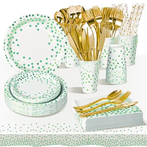 AIPartywar 226 Pcs Piezas Blanco Verde Cumpleaños Vajilla de Fiesta, Platos y Vaso Cumpleaños Infantil, Juego de vajilla para Fiestas Platos Vasos Servilletas Cubiertos -25 Invitado