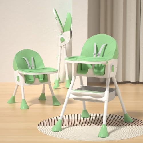 3-in-1 Convertible Baby High Chair, Adjustable Reclining Seat, 5-Point Harness, Removable Double Tray (Green)