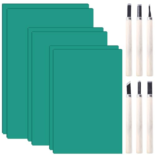 Linoldruck Set, 6 Stück A4 A5 A6 Linoleum Platte mit 6 Tranchiermesser, Weichgummi Linoldruck Platte, 3 Größen Gummi Stempeldruck Set, Gummistempel Schnitzblöcke für Druckgrafiken Kunsthandwerk DIY