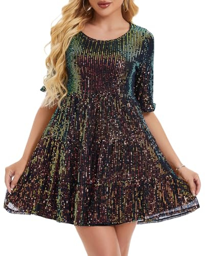 Kurzarm Glitzer Sommerkleid Damen Pailletten Midi Kleider Swing | Kyzoeyou Leicht Kleid Casual Tunika Plissee Swing Freizeitkleid