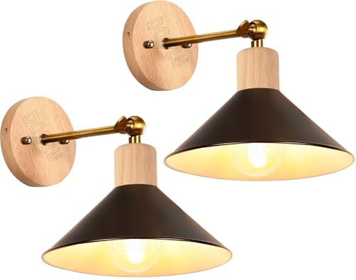 2 Stücke Wandleuchte Industrielle Wandlampe Innen E27 Wandstrahler Vintage Wand Lampen Retro Ø22 cm 180° Einstellbar Stecker aus Metall und Holz Wandbeleuchtung für Wohnzimmer Schlafzimmer Küche Flur
