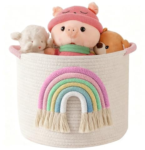 Toy Storage Baskets Woven Cotton Rope Storage Basket with 3D Rainbow Decor for Kids Multifunctional Blanket Baskets for Living Room Toys Organizer with Handle for Gifts Girls Baby Hamper Nursery