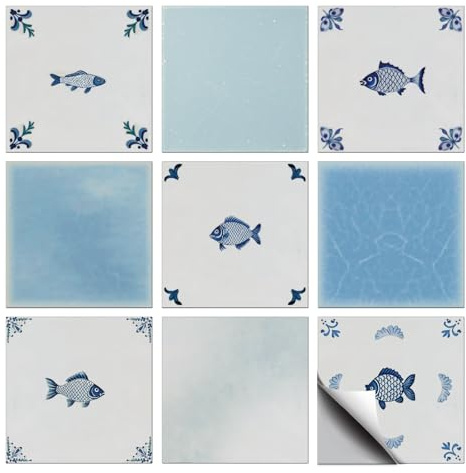 CHGCRAFT 36 Stück 9 Stile Fliesenaufkleber Vintage Stil Abziehen und aufkleben Wandfliesenaufkleber Blauer Handgezeichneter Fisch im Delfter Stil Wasserfest Selbstklebend, 4×4 Zoll