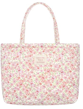 LJCZKA Sac fourre-tout matelassé en coton pour femme, sac fourre-tout à bandoulière à motif floral, grande capacité, sac à main décontracté pour l'école, les trajets et les voyages