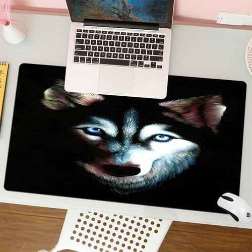 QRFASFZO Großer Mauspad - 80x30cm Gaming-Mauspad mit genähten Kanten, Nicht rutschender Unterlage,Husky Original Ölgemälde auf schwarzem Samt Hund mit blauen Augen Impressi,Schreibtischmatte und Maus