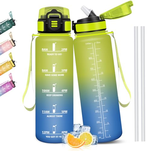 Mulbijeo Trinkflasche 1L, BPA-Frei, Wasserflasche Kohlensäure Geeignet, Wasserflasche Auslaufsicher, Sportflasche mit Strohhalm, Trinkflasche Sport für Laufen, Fahrrad, Fitness