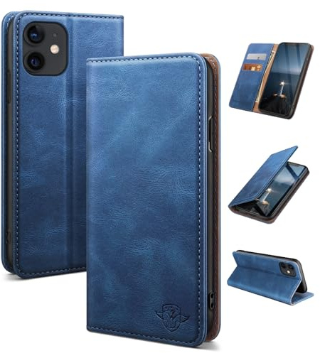 SUANDUCK for iPhone 12/iPhone 12 Pro 6.1 phone case magnetic leather flip case with RFID-blocking card compartment, adjustable stand and 360° drop protection with Apple 12 Light Blue