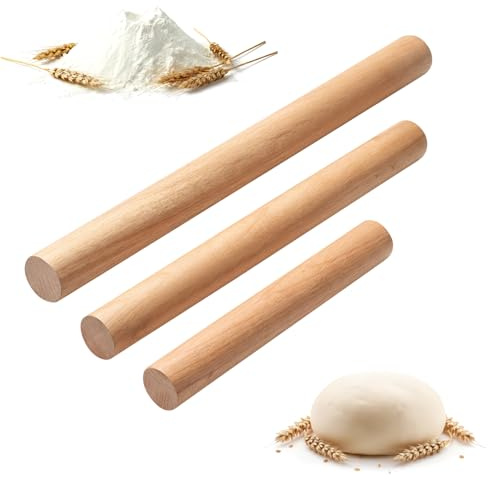 Maxmoc 3 Stück Nudelholz Holz, Teigroller für Den Backeinsatz | Rolling Pin aus Buchenholz ,Ideal Geeignet für Teig, Kekse, Pizza, Kuchen und Weingummi