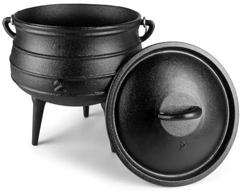 Bruntmor Pre-Seasoned Cast Iron Cauldron | African Potjie Pot with Lid | 3 Legs for Even Heat Distribution - Premium Camping Dutch oven Cookware for over-the-fire Cooking - 6 Quarts (Medium)