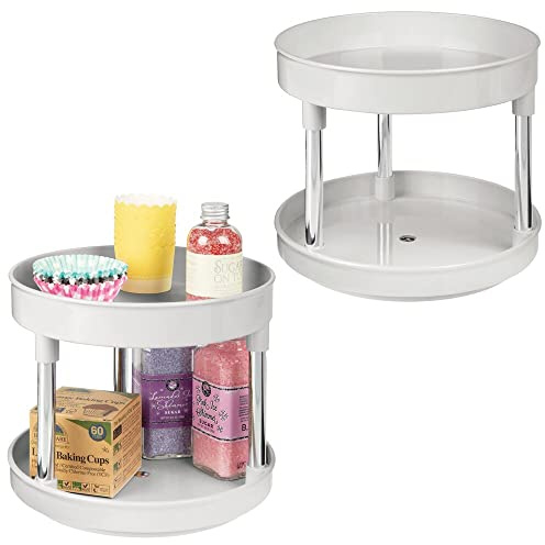 mDesign 2er-Set Lazy Susan Küchenregal zweistöckig – praktisches Gewürzregal für Küchenschrank oder Arbeitsplatte – drehbarer Gewürzhalter aus Kunststoff – hellgrau/silberfarben