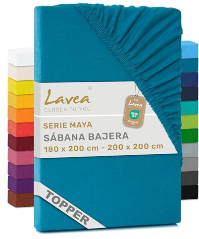 Lavea® Topper Spannbettlaken 180x200 cm - 200x200 cm - Aquamarin | Maya 100% Jersey Baumwolle – Weiches Spannbetttuch Topper bis 10 cm, atmungsaktives Bettlaken, formstabil & pflegeleicht