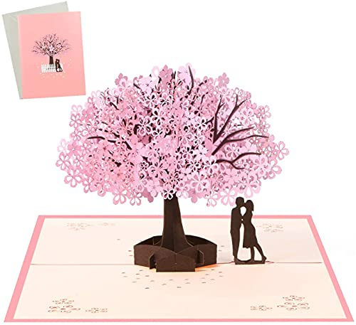 Grußkarte Pop Up 3D Glückwunschkarte mit Umschlag Hochzeit Papierkarte Kirschbaum Liebespaar Jubiläumskarte Romantisch Valentinstagskarte Geschenkkarten Geburtstag Jahrestag Einladungskarte